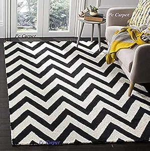 Pc Carpet 4x6 ft White and Black Modern Zigzag Collection Handmade Woollen Carpets for Living Room-Bedroom-Home-Drawing Room-Floor Dining Hall