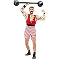 Smiffys Deluxe Strongman Costume, Red & White with Short Jumpsuit & Moustache, Circus Fancy Dress, Adult Dress Up Costumes