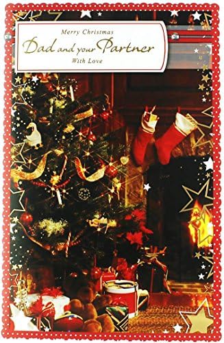Centre Stage Dad & Partner Christmas Card - Traditional Xmas Tree, Fire & Stars 10.75" x 7"