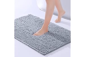 ROSMARUS Chenille Bath Mat Non-Slip Super Absorbent Bathroom Mat 40X60cm,Washable Soft Fluffy Bathroom Rug,Microfiber Shower Mat Shaggy Rug for Bathroom,Light Grey