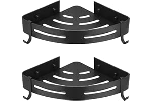 GERUIKE Estanteria Ducha Esquina Sin Taladro - Adhesivo Estanteria Baño Sin Taladro Rinconera Ducha - Organizador Baño Estante Ducha Sin Taladro, Aluminio, Pared, 2 Piezas Estantería Baño Negro Mate
