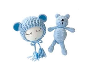 XINGENG Unisex Neugeborene Fotografie kostüm Gestrickte Mütze und Puppe Set Fotoshooting Requisiten Funny Bekleidung (0-2M)