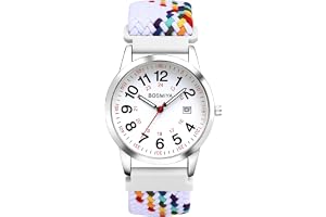 JewelryWe flätad elastisk klocka med tygarmband: Unisex kalender analog kvartsarmbandsur med vitfärgat vävt stretcharmband oc