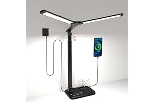Woputne Desk Lamp with Dual Heads, Height Adjustable, USB Charging Port, 5 Light Modes & Dimmable Brightness, Bedside Lamp for Reading, Crafting, Work, Study (Black, 15W)