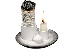 SHEBUYLLI Incense Burner Holder, 4 in1 Palo Santo Holder Ceramic Incense Stick Holders with Ash Catcher Sage Holder Smudge Bowl for Yoga Meditation Room Home Decor (#001White Gray)