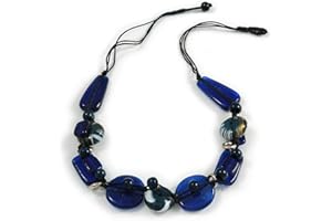 Avalaya Statement Cluster Ceramic, Wood Bead Necklace with Black Cotton Cord (Blue) - 60cm L