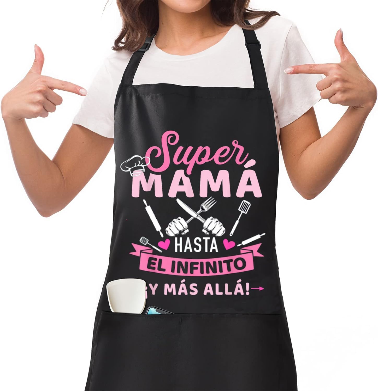 Jbniuay Delantal de Mamá Negro para Cocina - Chef Impermeable con 3 Bolsillos - Regalo para el Día de la Madre/Esposa