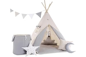 Rainbow Kids Tipi Zelt für Kinder | Baumwollsegeltuch Tippi Kinderzelt, Mehrere Muster und Farben mit und ohne Spielzubehör für Outdoor- und Indoor-Kinderspaß (Grauer Wolf, mit Zubehör)