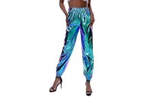 IMEKIS Damen Hohe Taille Hose Glänzend Wetlook Metallic Cargohose Hologramm Hip Hop Tanzhose Lackleder Jogger Casual Streethose Bühnen Auftritt Partyhose Nachtclub Disco Clubwear