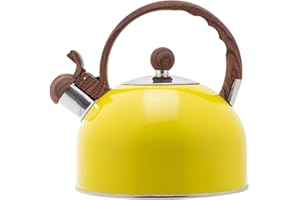 Justup Teiera in acciaio inox, bollitore a induzione, 2,5 l, bollitore con manico effetto legno, bollitore a fischio, bollitore per fornelli a induzione, fornello a gas e fornello elettrico (giallo)