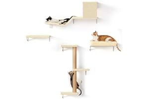 FUKUMARU Étagères Murales pour Chat, 4 en 1 Ensemble de Meubles Muraux, Mur d'escalade en Bois avec Griffoir, Pont et Lit pour Chat, Beige