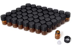 Enslz Mini-Flaschen für ätherische Öle, leere Probenflasche, 1 ml (1/4 Dram) 2 ml (5/8 Dram) bernsteinfarben, mit Reduzieröffnung und Deckel, mit 2 kostenlosen Pipetten, 1ml, 50 Stück