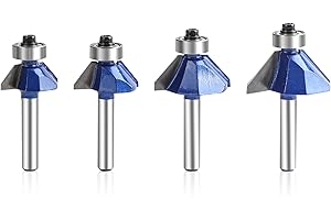 GENERIC Yueqing Zhongji 45 Degree Chamfer Router Bit Set, 1/4 Inch Shank-6.35MM Shank Cutting Diameter in 1/2”, 5/8”, 11/32”, 25/64” C3 Carbide. Ideal for Angled Edges, Clean Edge or Decorative Pieces