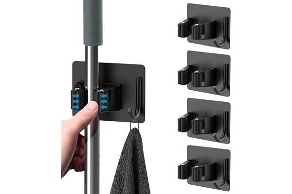 homeasy 4 Pièces Porte Balai, Auto Adhésif Accroche Balai Mural sans Perçage, Mop Support avec Crochets pour Cuisine Salle de Bain Jardin, Noir