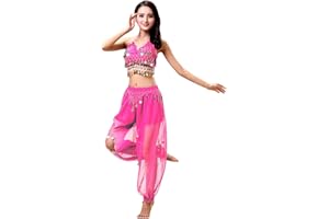 Grouptap Bollywood women india arabian lady belly dancer sequined top slit pants dress party costume black/pink/white fancy adult outfit