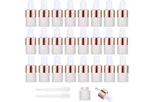 Yalbdopo 24Pcs, 1Ml Frosted Glass Sample Dropper Bottles, Empty Mini Bottles with Dropper Pipettes Rose Gold Metal Cap Refillable Sample Container for Essential Oils Perfume Cosmetic Liquid