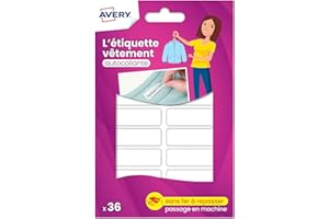 Avery Étiquettes Autocollantes Blanches Inscriptibles 36 Pièces - autocollant Personnalisable avec un marqueur permanant - Durable Lavable jusqu'à 40C et sèche-linge - 1,3 x 4,5 cm