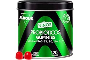 ALDOUS BIO Probióticos Niños - 120 Gummies sabor natural Cereza - Flora intestinal, Gases e Hinchazón - Bifidobacterium, Lactobacillus, Vitamina C, B3, B5, B6 - ALDOUS