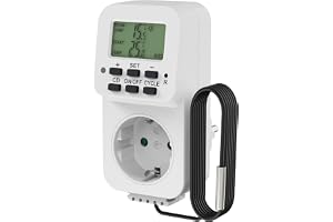 Idealne gniazdo termostatyczne, regulator temperatury 230 V, termostat z czujnikiem, przełącznik temperatury do ogrzewania, chłodzenia, szklarni, terrarium, biały