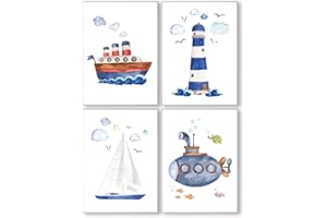 Pandawal Ahoi Poster 4er Set DIN A4 Kinder Bilder für Junge und Mädchen Kinderzimmer Deko blau Maritim mit Meer Möwen Schiff Leuchtturm Uboot T18