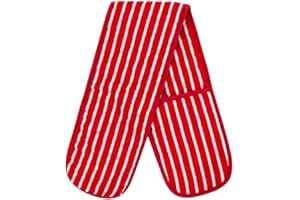 MARIA LUXURY BEDDING & LINEN Red Double Oven Gloves Heat Resistant Oven Mitts for Home Kitchen Baking and Cooking, Butchers Stripe Pot Pan Tray Double Oven Gloves, Heavy Duty Cooking Oven Gloves (Red)