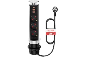 HANNELORE Bloc Prise Escamotable 3 Prises 2 USB et USB C, Multiprise Electrique Escamotable Prise pour Plan de Travail Encastrable pour Cuisine, Bureau, Câble 1,8m, Diamètre 60mm