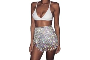 Yienate Sexy Belly Dance Fringed Sequin Skirt Hip Tassel Scarf Beach Sparkle Wrap Summer Rave Costume for Women and Girls