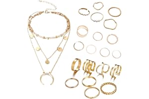 IUDWCG - 21 Pcs Vintage Gold mittlere Länge Ring Finger Ring-Set und mehrschichtige Halskette mit böhmischen Stil für weibliche Mädchen Mode-Accessoires Urlaub Geschenk
