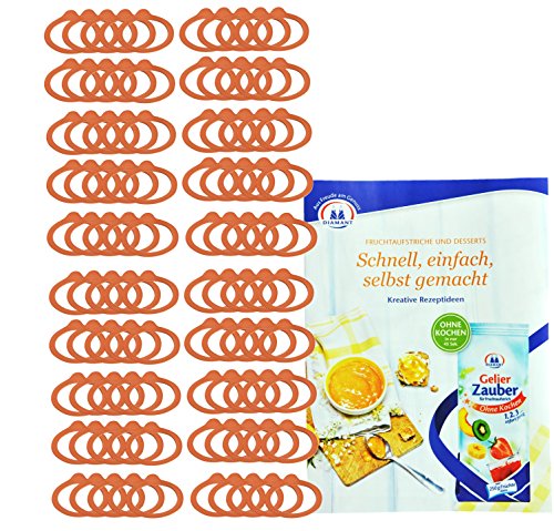 WECK-Einkochringe, 100 Gummidichtringe 54 x 67 mm für Rundrand 60, rot-braun, RR60, luftdicht verschließen + konservieren, Zubehör zum Einkochen, einwecken incl. Gelierzauber Rezeptheft von Diamantzucker