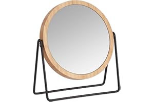 Amazon Basics Rotondo Specchio cosmetico da tavolo, con cornice in bambù, ingrandimento 18.3 L x 7.3 W, Nero