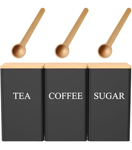 Lot De 3 Boîtes Métal Pour Thé/Café/Sucre - 1000ml Avec Plateau Bambou