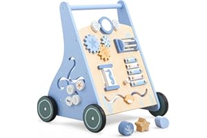 Asweets Trotteur en Bois Pour Bébé, Centre d'Activités Multiples Montessori Pour Garçons Et Filles de 12+ Mois, Jouet Éducatif à Pousser Et à Tirer (Bleu)