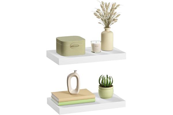 eSituro Lot de 2 Étagères Murales, Étagère Flottante, en MDF et Métal, avec Support Invisible, pour Chambre, Salon, Bureau, Cuisine, Blanc, 30x22,9x3,8cm