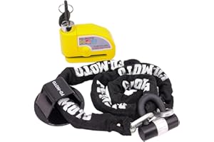 FD-MOTO 4KG Anti-Theft 1.8M*10mm Chain Lock Padlock + Alarm Brake Disc Lock Yellow + Ground Wall Anchor Heavy Duty for Motorbike Motorcycle Scooter Bike Bicycle ATV