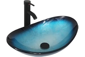 YU YUSING Lavabo Ovale en Verre avec Robinet, Vasque à Poser, Lave-Mains, pour Salle de Bain, Cuisine, WC d'invités, Bleu Moderne, 53 x 35 x 16 cm