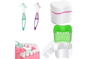 YEAPEAK Zahnprothesen Behälter, Prothesendose Set, 2 Zahnprothese Box + 2 Prothesenreinigungs Bürsten - Gebissdose Zahnprothesendose, Für Falsche Zähne Und Zahnspangen Lagerung Reinigung, Grün + Rosa