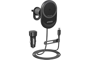 ‎ANKER Anker MagGo 15W MagSafe Uchwyt Samochodowy z Funkcją Ładowania, Regulacją 360° i Silnymi Magnesami, Bezprzewodowa Ładowarka do iPhone 15/14 z Kablem i Adapterem