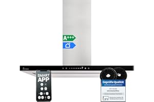 KKT KOLBE A+++ Dunstabzugshaube 90 cm 680 cbm/h Inselhaube Abluft Umluft Edelstahl Silber Schwarz Glas Smart WiFi WLAN App Nachlaufautomatik SensorTouch FLAT-INSEL-6
