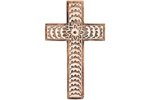 EDHAS Mango Wood White Cross Carved Floral-Design Family Cross Decor,Home Decoration (25.4cm x 15.24cm x 1.27cm)
