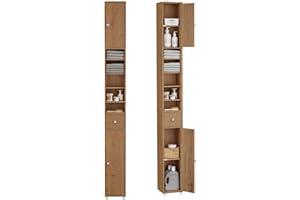 SoBuy Mueble Columna de Baño Estrecho – Armario Auxiliar de Baño Resistente al Agua con Estantes Ajustables y Cajón – Mueble Estrecho de Madera, Color de la Madera, 20x180x20cm, BZR34-II-PF