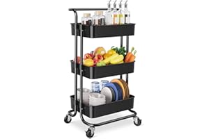 AUTUMNDEER Storage Trolley Cart - 3 Tier Rolling Utility Organizer Rack, Craft Art Cart, Multi-Purpose Organizer Shelf, Tower Rack Serving Trolley for Office Bathroom Kitchen Kids’ Room Laundry Room, Black