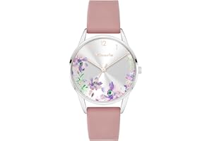 Tamaris Zegarek damski – okrągły zegarek kwarcowy dla kobiet z silikonowym paskiem, srebro, Srebrny/wzór kwiatowy, różowy