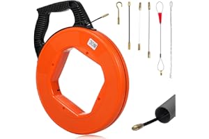 HOMBASING Aiguille Electricien 30M, 4mm Tire Fils Electrique, Avec 6 Adaptateurs pour Aiguille Tire Fil, Tire Cable Avec Boîtier en Plastique et Poignée pour Travaux électriques, Résistant à la Flexion