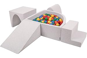 KiddyMoon Spielplatz Aus Schaumstoff Mit Viertel Eckig Bällebad (300 Bälle) Hindernisläufe, Hellgrau:Gelb/Grün/Blau/Rot/Orange