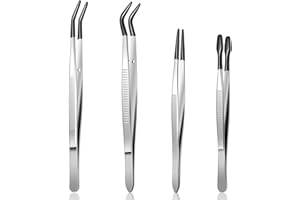 COMNICO Set di 4 pinzette con punte in gomma, rivestite in PVC, piegate, dritte, a punta piatta, in acciaio inox, antiscivolo, lunghe pinzette per francobolli, adesivi, gioielli, perline, artigianato