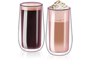 CEROBEAR Double Walled Coffee Glasses Mugs 2x250ml for Hot Cold Drink iced Coffee Cappuccino Latte Espresso Glasses Cups Coffee Tea Milk Juice Borosilicate Heat Resistant Glass Cups(Pink, Set of 2)