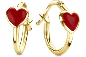 Miore Kids pendientes de aro infantiles con corazones rojos en oro amarillo 9 kt 375 ⌀ 14 mm