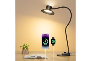 Woputne LED Desk Lamp with USB-C & USB-A Charging Ports, 5 Color Modes & Stepless Dimming, 1400LM Adjustable Bedside Reading Light with Flexible Neck, Perfect for Study, Home Office, Crafts, Draw