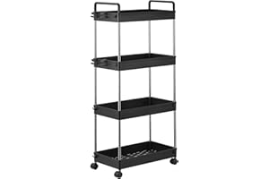 DPWEION 4-Tier Storage Trolley Slide Out Rolling Utility Shelf Rack Storage Cart on Wheels Mobile Shelving Space Organizer for Kitchen/Bathroom/Laundry Room/Office,Plastic & Stainless Steel (Black L)
