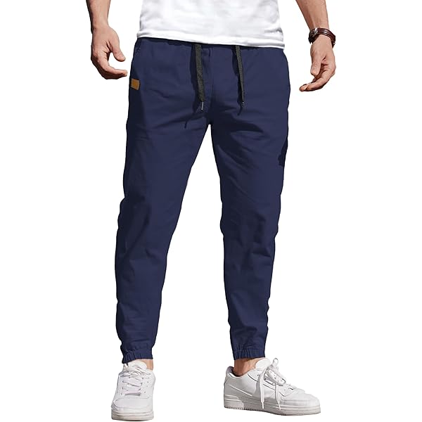 COOFANDY Herenjeans, rechte jeansbroek, stretch, slipbroek, slipjeans, stijlvolle broek, elastische tailleband met trekkoord, cargozakken voor mannen, blauw, L